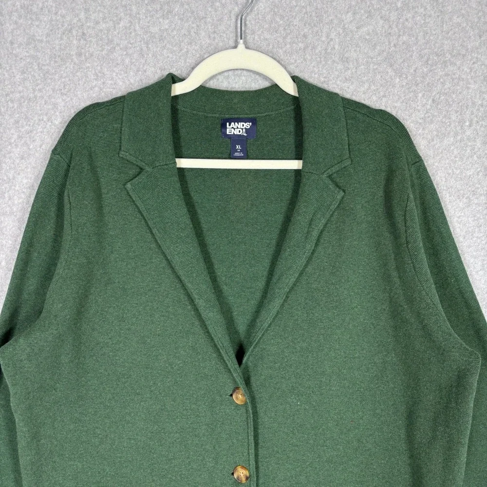 Lands End Sweater Knit‎ Blazer Cardigan XL Green 100% Cotton Classic Preppy